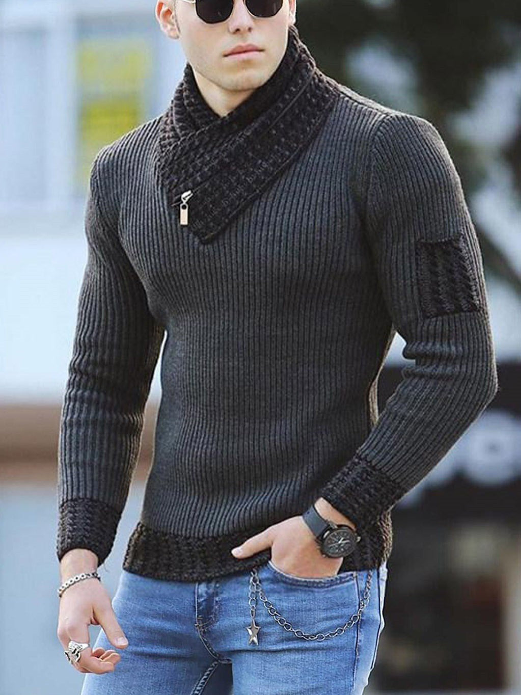 Herren Pullover mit modernem asymmetrischem Kragen und strukturiertem Design Krohn-e