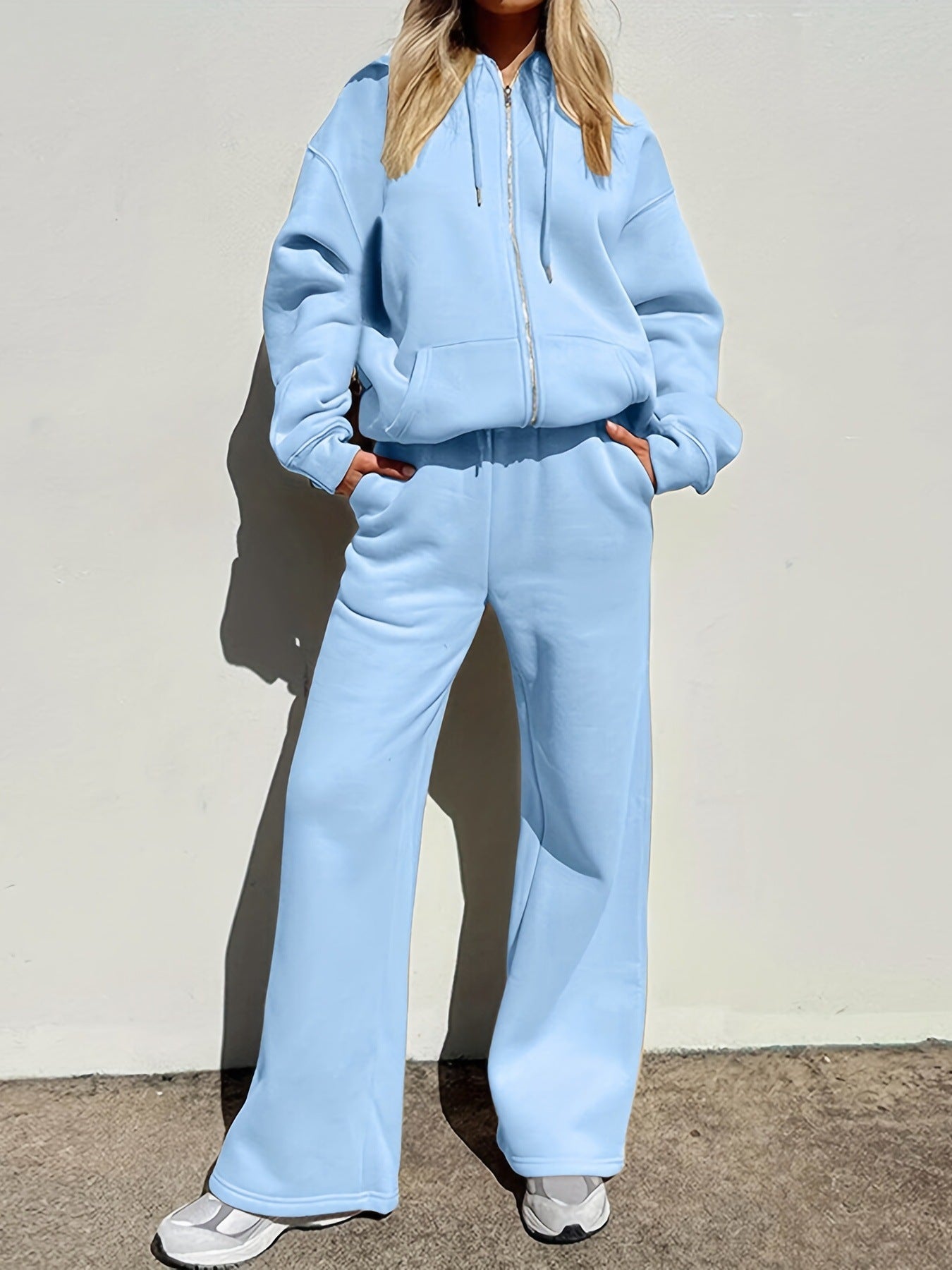 Damen bequemer und stilvoller Loungewear-Anzug mit zipbarem Hoodie und weitem Bein Krohn-e
