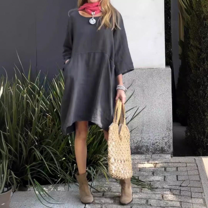 Einfarbiges, lockeres Baumwoll-Leinenkleid von Fudus