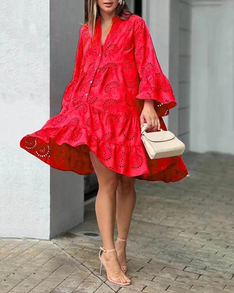 KROHN-E Damen Mini-Kleid Gestuft Stickerei Ballonärmel Sommer
