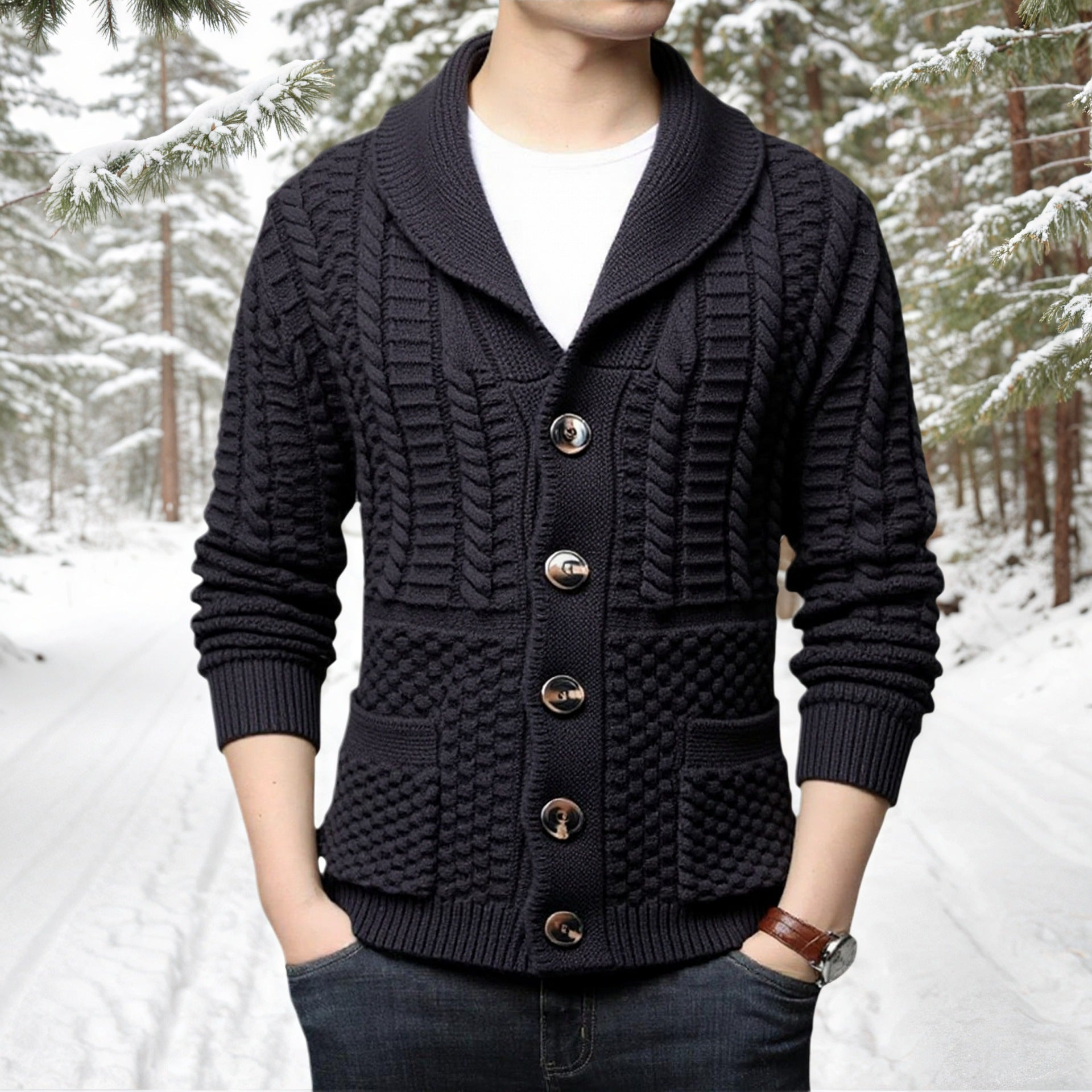 Herren modische Strickjacke mit tiefem V-Ausschnitt und stylishem Zopfdesign Krohn-e