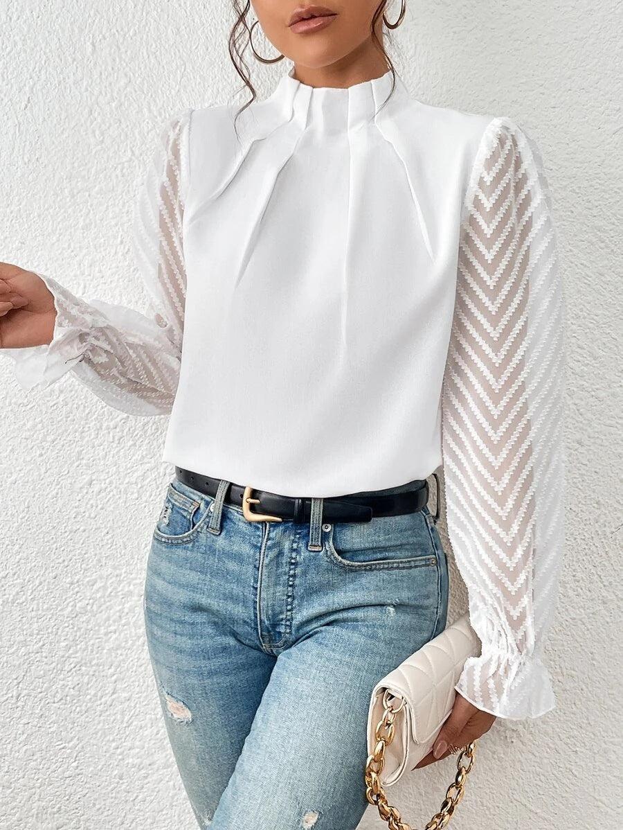 Krohn-e | Bluse mit Plissiertem Kragen und Transparenten Ärmeln Stilvoll und Feminin