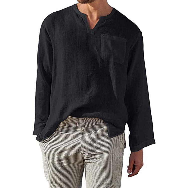 Herren Leinen Langarmshirt mit Henley-Ausschnitt und Brusttasche Krohn-e