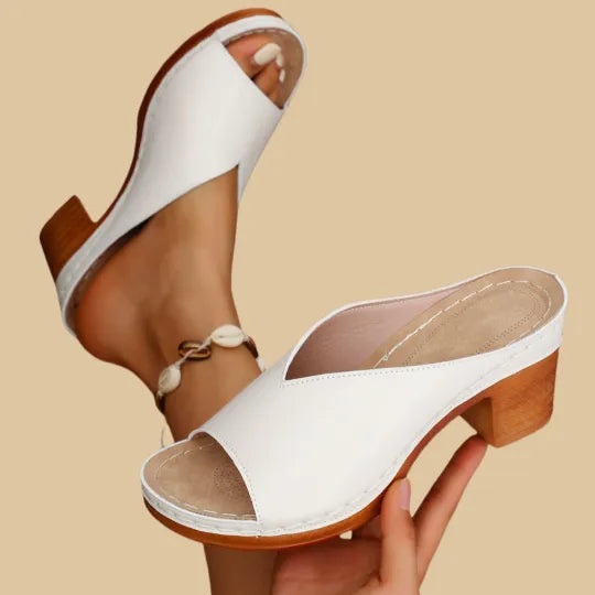 Jara | Damen Mules Blockabsatz Peep Toe Holzoptik