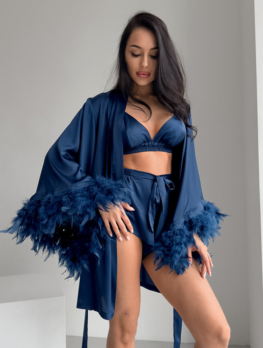 Damen Satin Kimono mit Federn Krohn-e