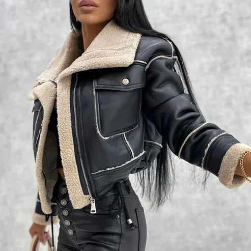 Krohn-e | Schwarze Lederjacke mit Teddyfutter
