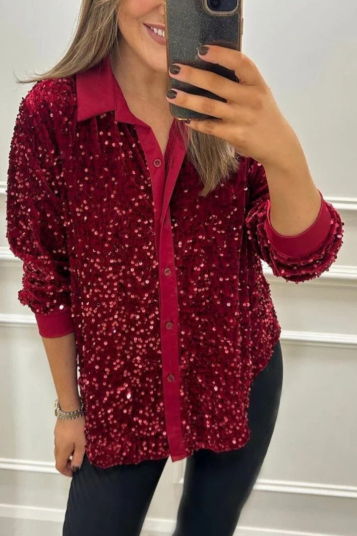 Damen Glitzernde Bluse aus Pailletten mit klassischem Kragen Krohn-e