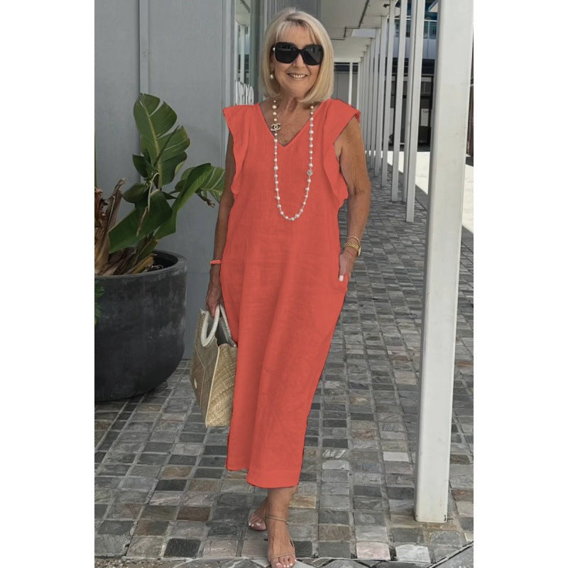 Elegant Fudus Cotton-Linen Dress with Flutter Sleeves and Back Tie