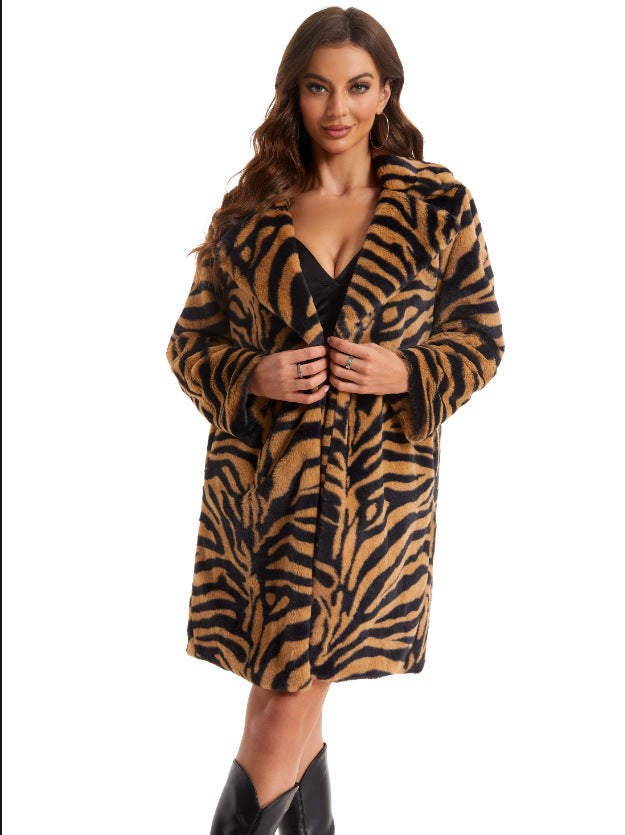 Damen Stylish und flauschiger Kunstfellmantel mit Zebra-Design Krohn-e