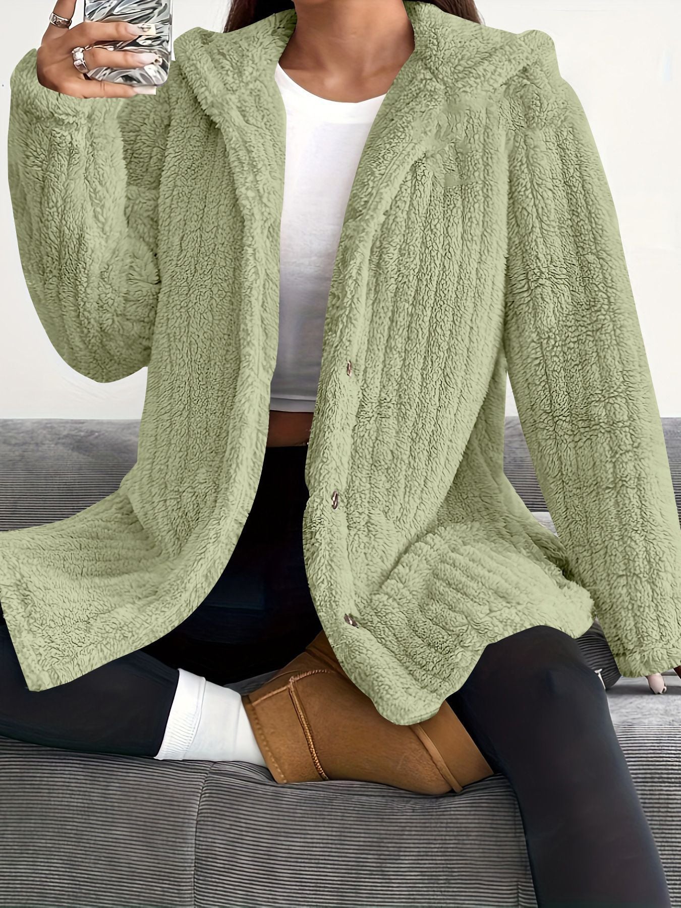 KROHN-E Damen Kapuzen-Cardigan Lange Ärmel Vordertaschen Winter