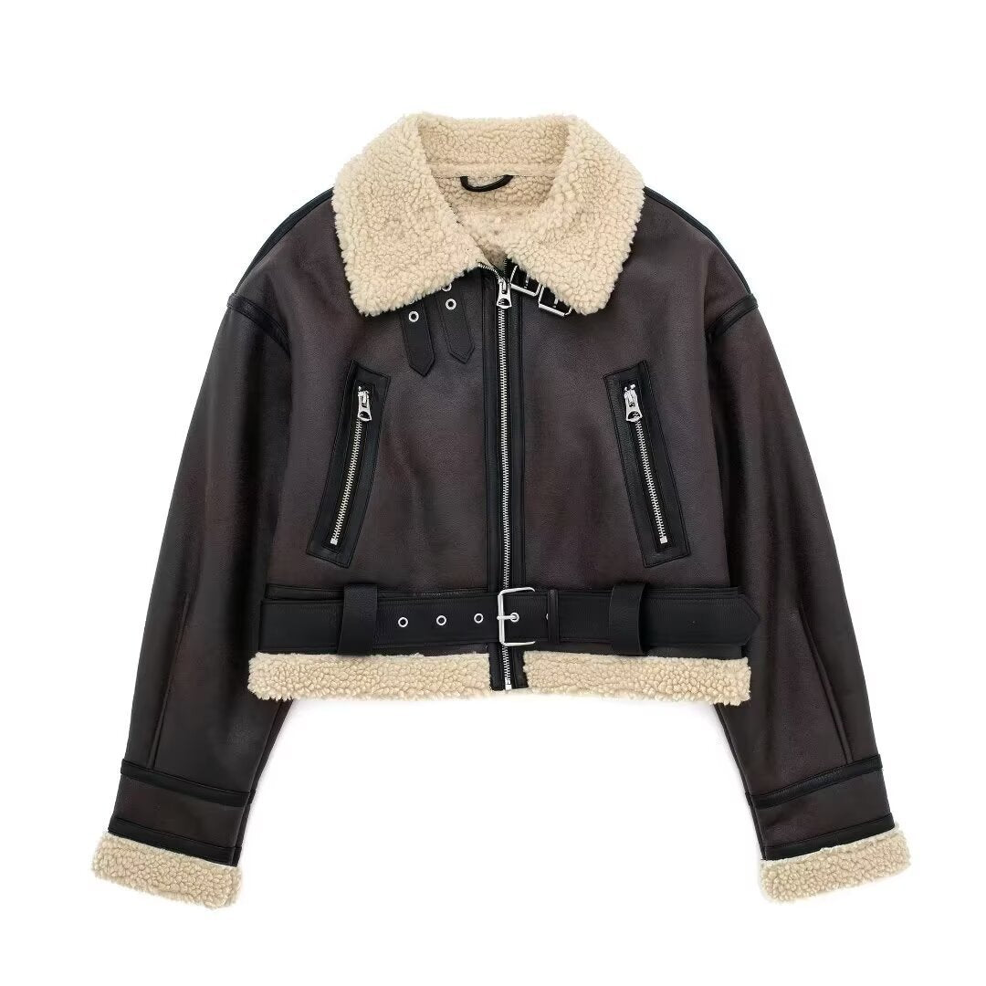 Damen modische Kurzjacke mit Schurwollkragen und Reißverschlusstaschen Krohn-e