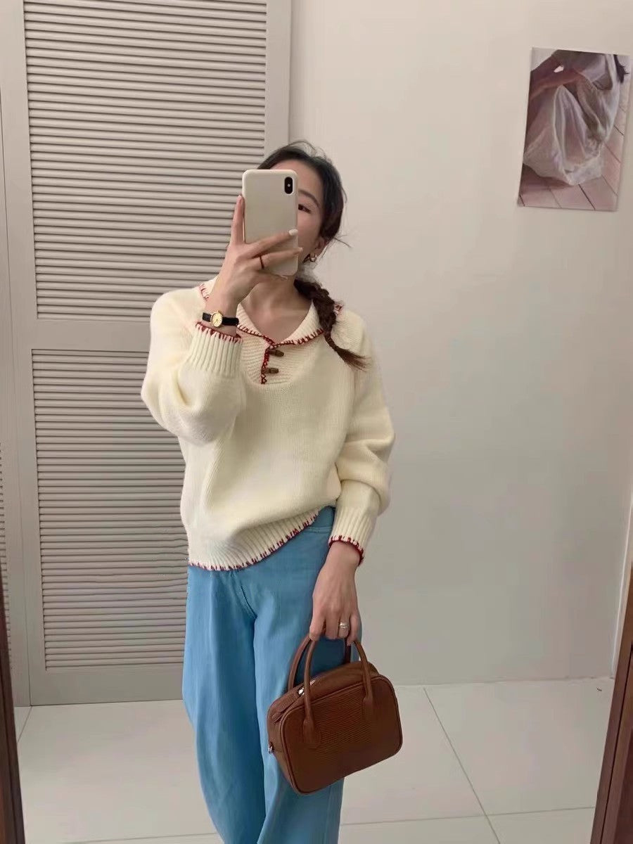 Damen lässiger Strickpullover mit einzigartigem Knopfdesign und Kontrastdetails Krohn-e