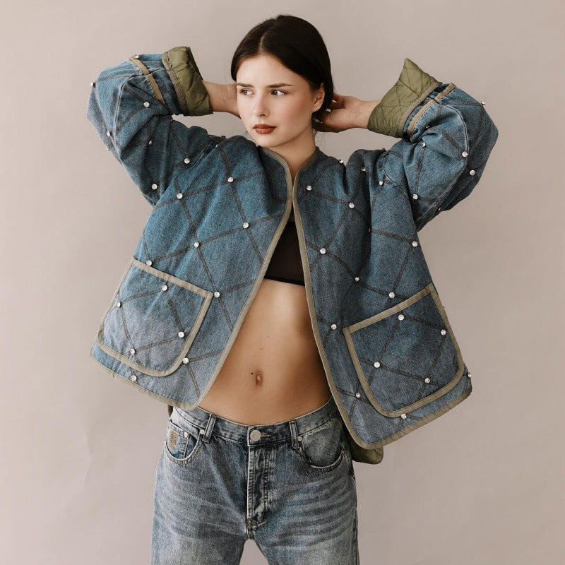 Damen modische denim Jacke mit Diamantsteppung Krohn-e