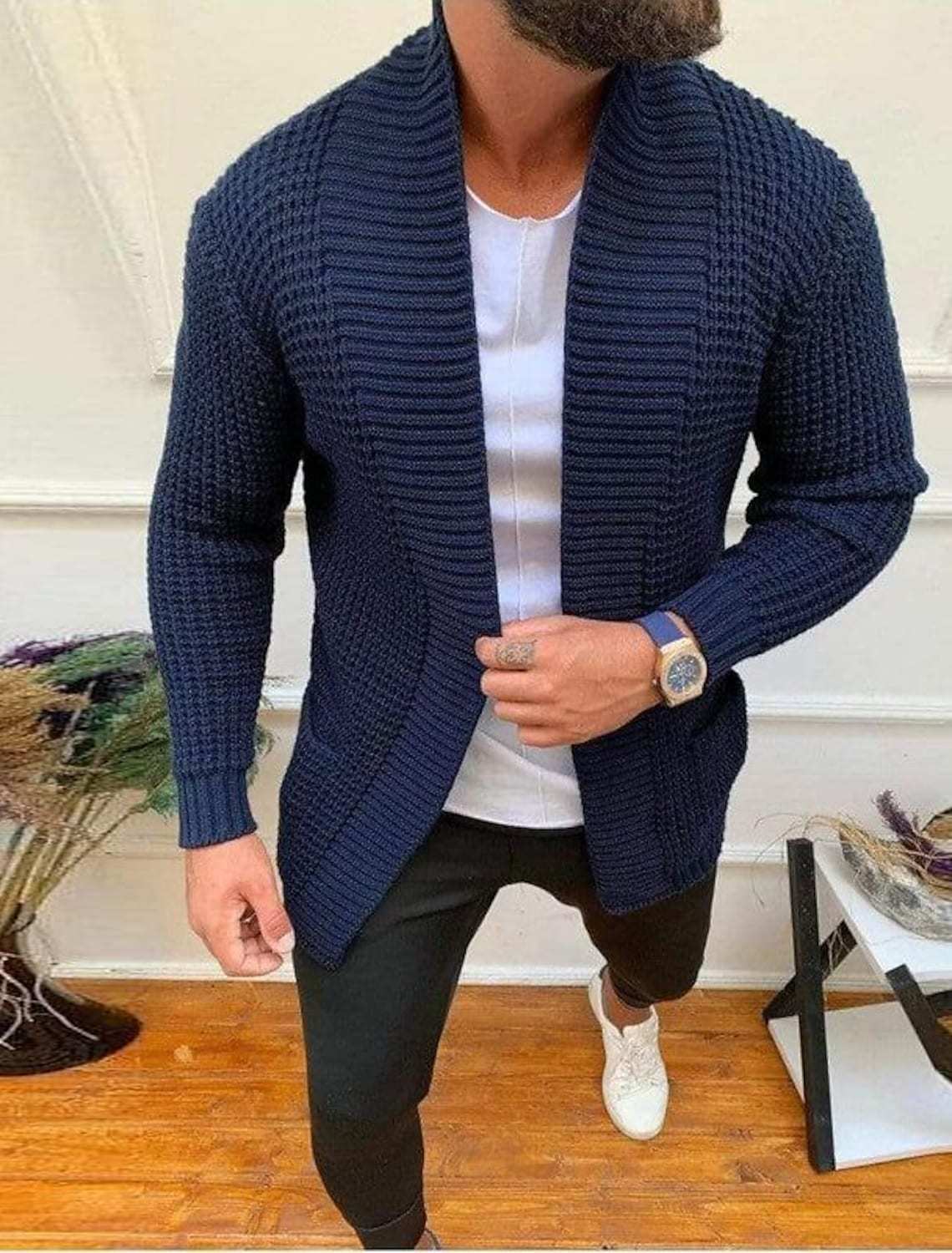 Herren Grobe Strickjacke mit offenem Design und tiefem Kragen Krohn-e
