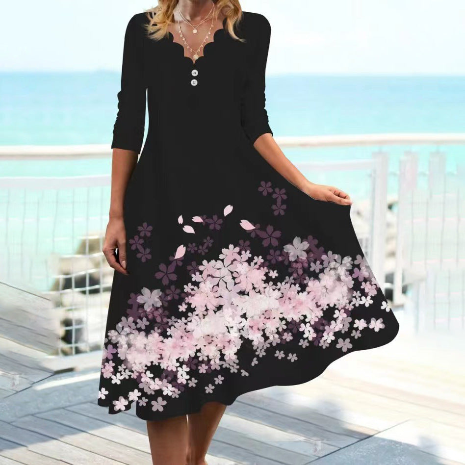 Modisches Midikleid mit Knöpfen und Frühlingsmuster von Fudus