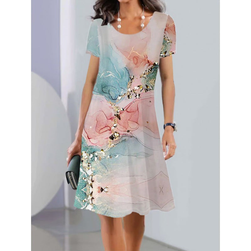 Fudus leichtes Frühlings-Sommer-Midi-Kleid mit Kurzarm und Druck