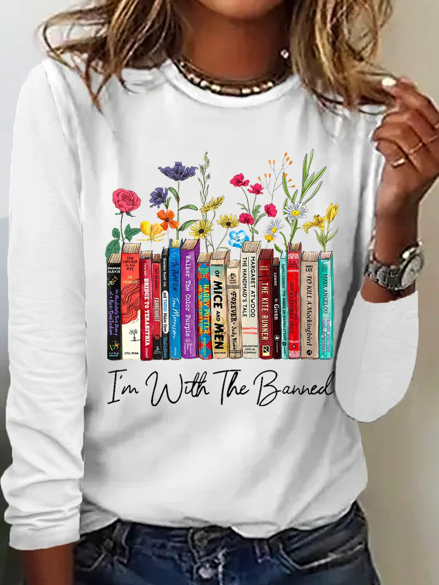 Damen Langarmshirt mit Bücher- und Blumenmotiv Krohn-e