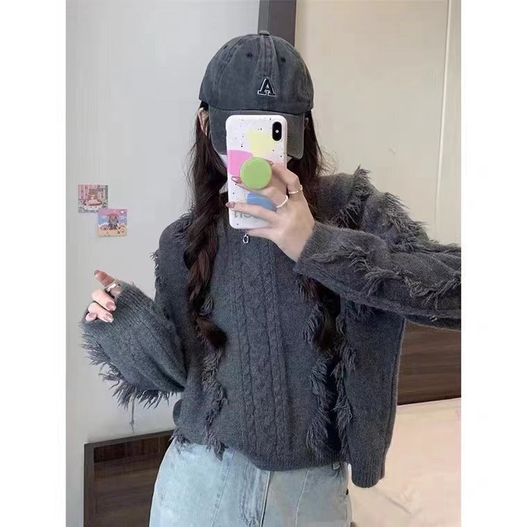 Damen Grobstrickpullover mit fransigen Details und lässigem Schnitt Krohn-e