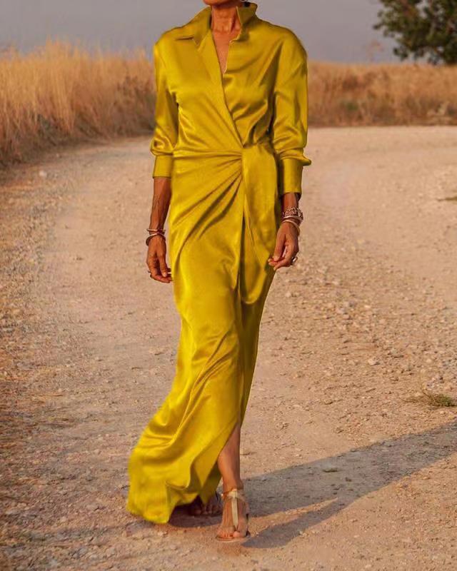 Damen Elegantes Wickel-Maxi-Kleid mit vielseitigem Kragen und seitlichem Schlitz Krohn-e
