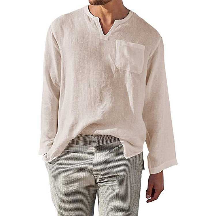 Herren Leinen Langarmshirt mit Henley-Ausschnitt und Brusttasche Krohn-e