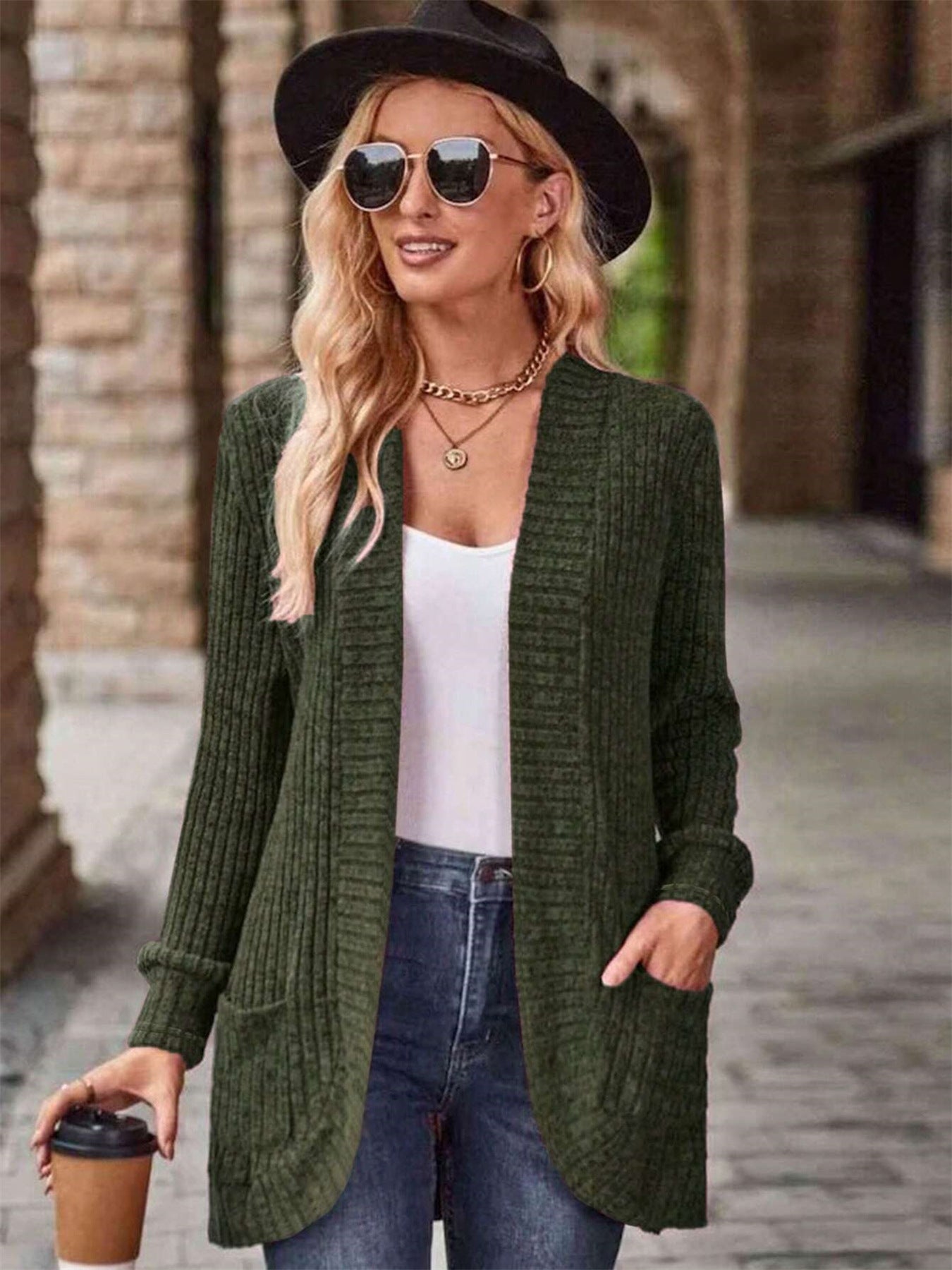 Damen offene Strickjacke mit strukturierter Oberfläche und praktischen Taschen Krohn-e