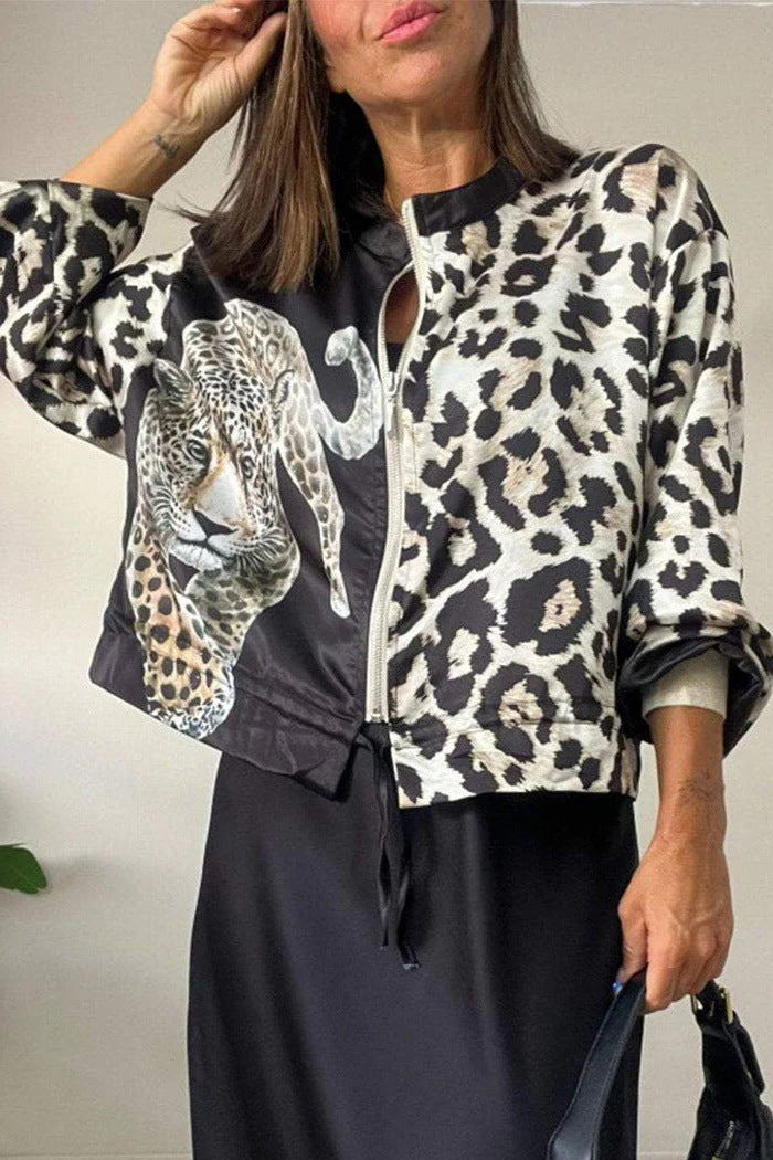 Damen entspannte Bomberjacke mit extravagantem Leoparden-Motiv Krohn-e