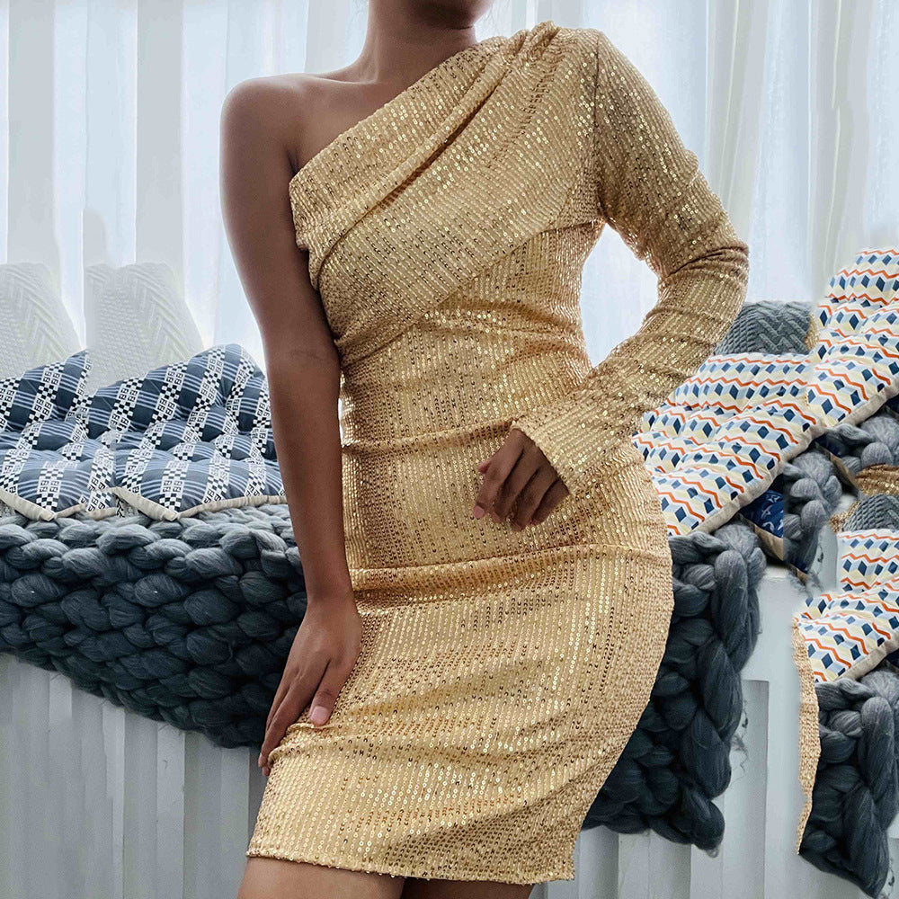 Damen Glitzerndes Midikleid mit asymmetrischem Schnitt und elegantem Raffung Krohn-e