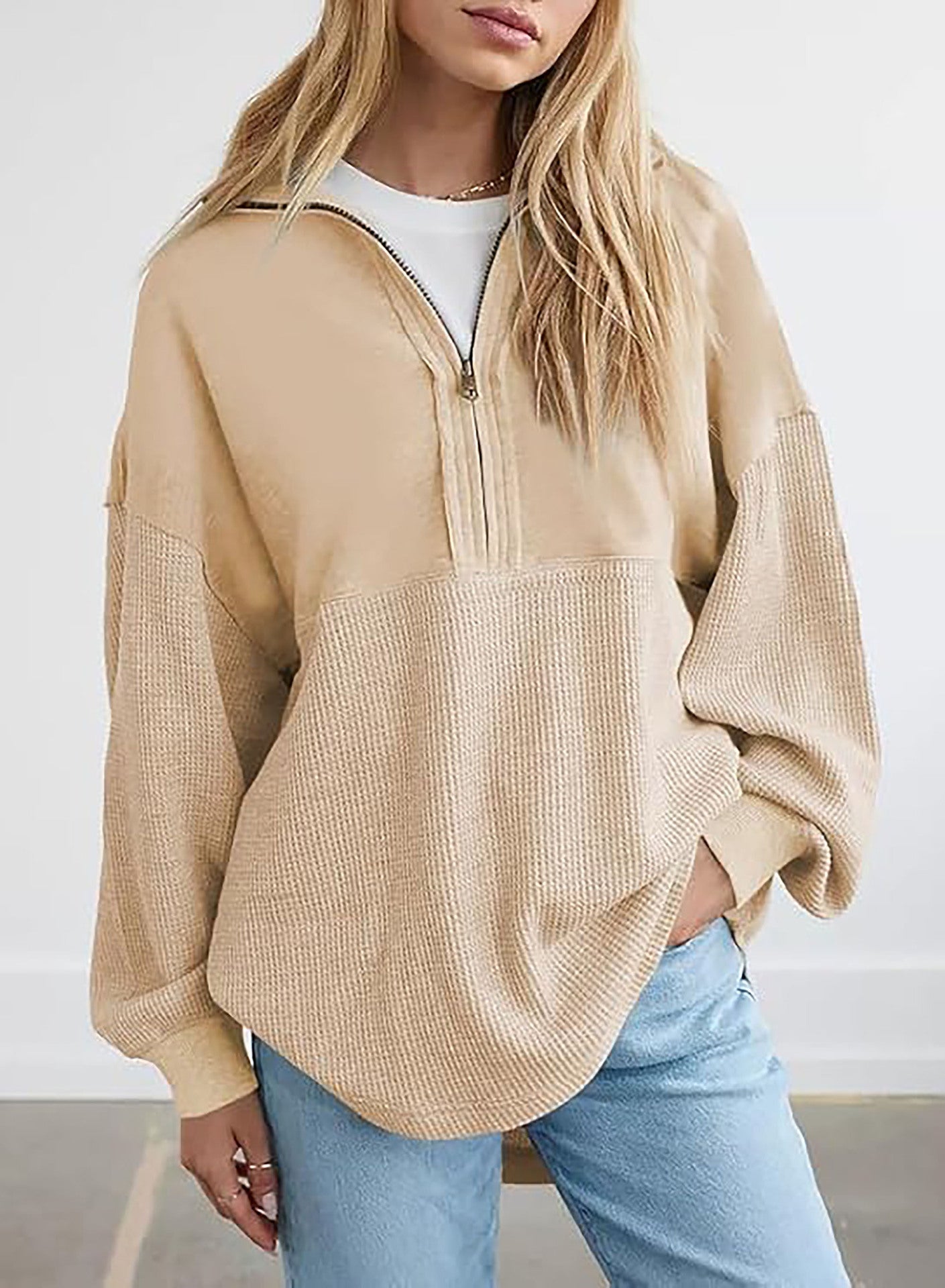 Damen lässiger Kapuzenpullover mit halblangem Reißverschluss und strukturiertem Material Krohn-e