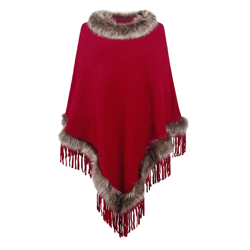 Damen eleganter Poncho mit luxuriösem Kunstfellkragen und dekadenten Fransen Krohn-e