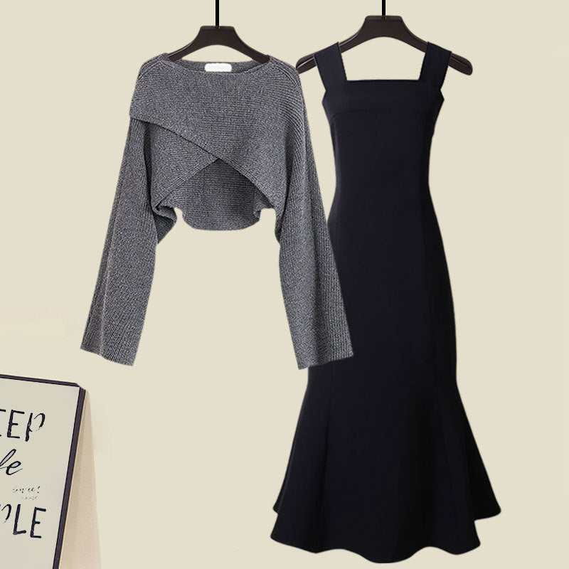 Krohn-e | Zweiteiliges Satz Aus Hochwertigem Kreuzstrickpullover und Fishtail Kleid