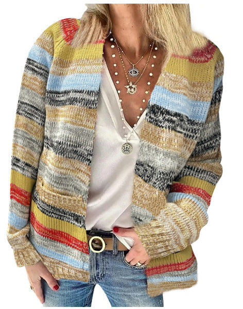 Damen Offen gestrickte Cardigan mit bunten Streifen und lässigem Schnitt Krohn-e