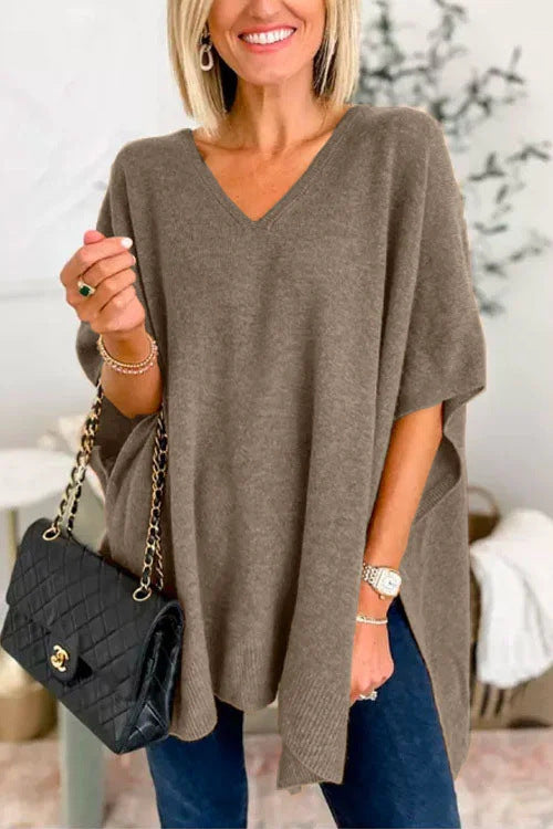 Damen lässiger Strickponcho mit V-Ausschnitt und überschnittenen Ärmeln Krohn-e