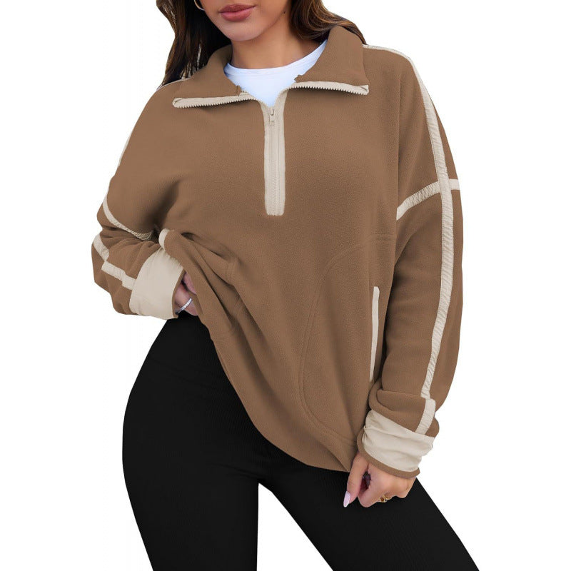 Damen Fleecpullover mit halbem Reißverschluss und kontrastierenden Ärmeln Krohn-e