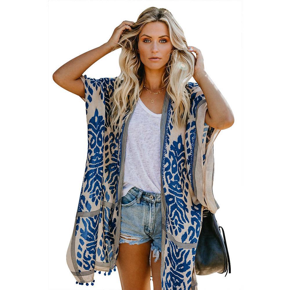 Damen Luftige Kimono-Cardigan mit aufwändigem Muster und fransenbesetzten Saum Krohn-e