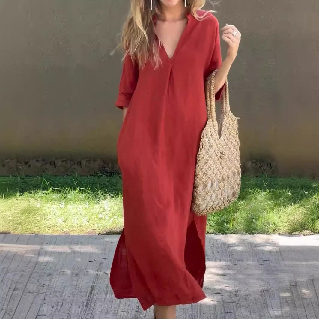 Elegantes Falten-Midi-Kleid mit V-Ausschnitt für den Frühling von Fudus