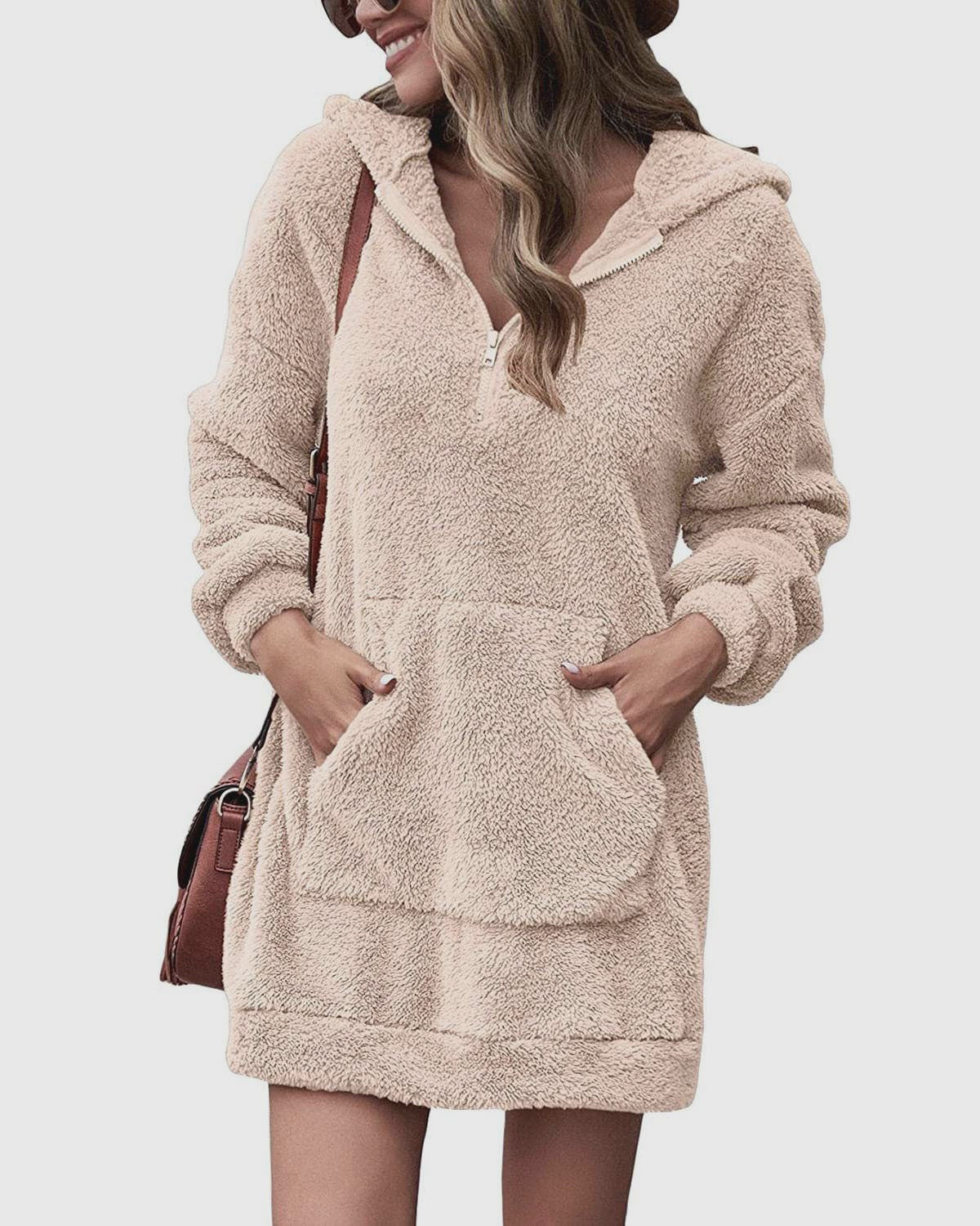 Damen Kuscheliger Hoodie-Kleid mit praktischen Taschen und halben Reißverschluss Krohn-e
