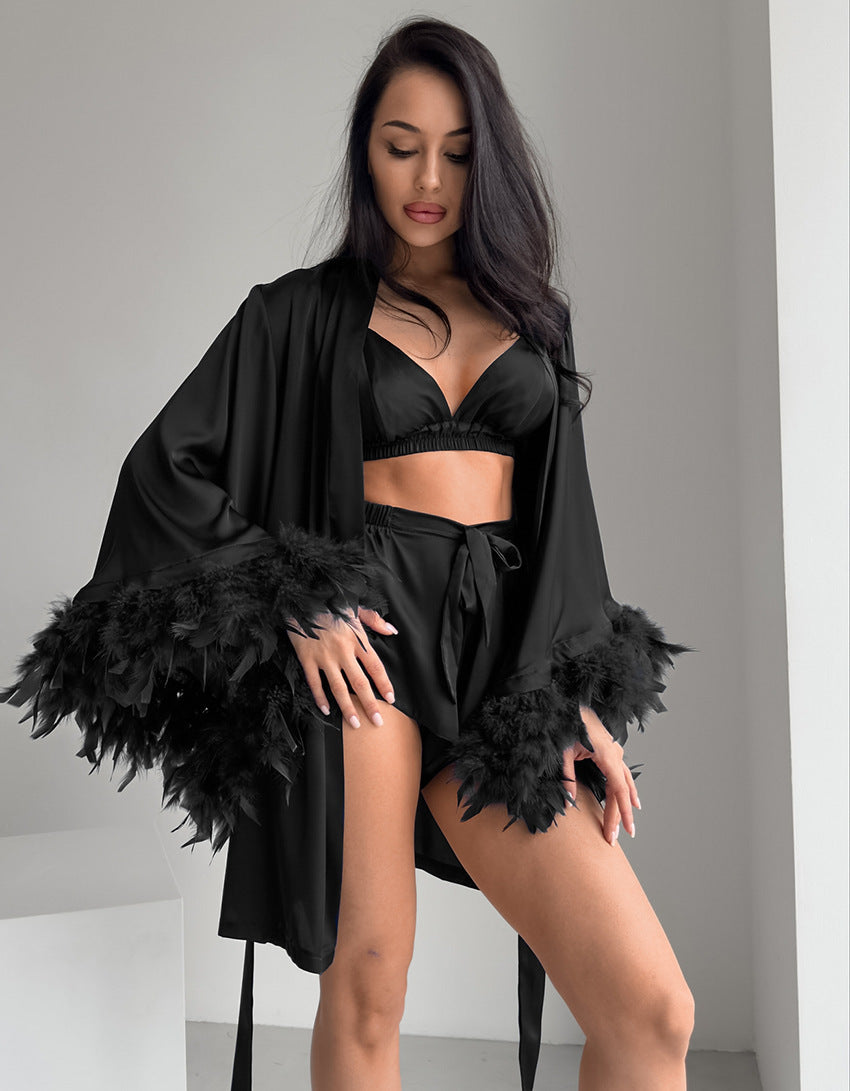 Damen Satin Kimono mit Federn Krohn-e