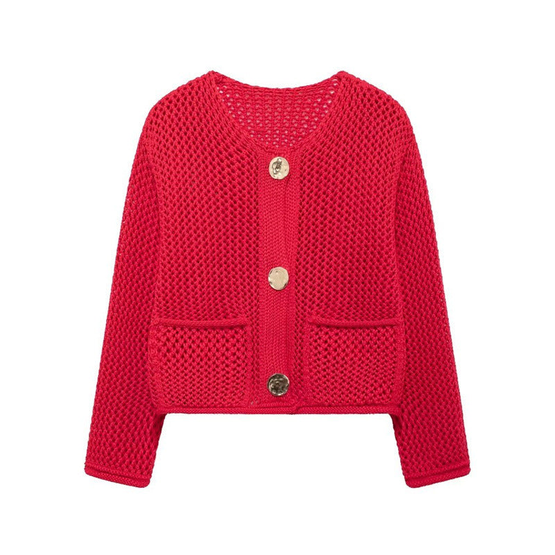 Damen luftige Strickjacke mit durchbrochenem Muster und praktischen Taschen Krohn-e