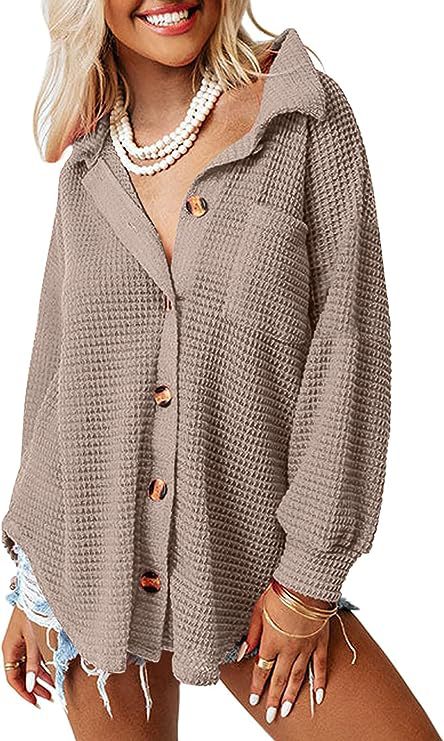 Damen lässige Waffle-Hemdenjacke mit Knopfverschluss Krohn-e