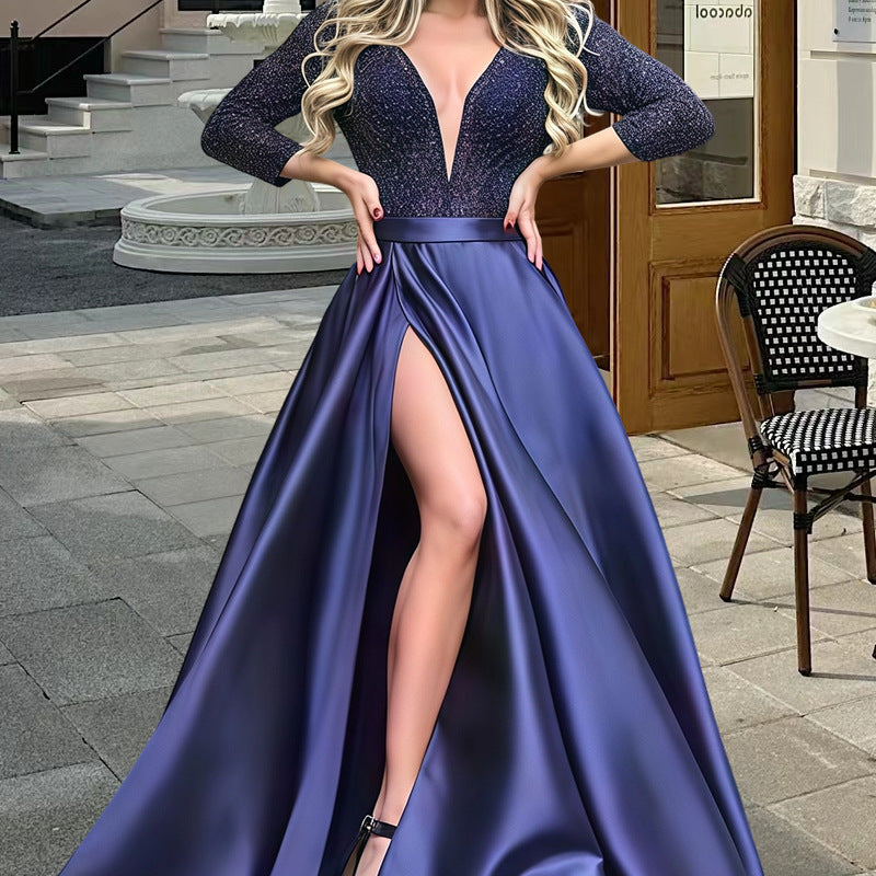 Damen Elegantes Abendkleid mit tiefem V-Ausschnitt und seitlichem Schlitz Krohn-e