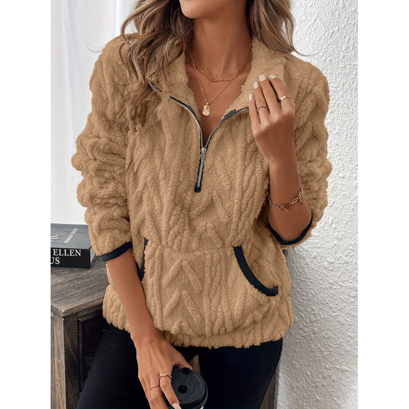 Damen flauschiger Teddy-Pullover mit halbem Reißverschluss und hohen Kragen Krohn-e