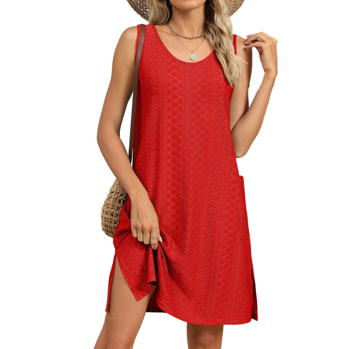 Fudus lässiges ärmelloses Rundhals-Pocketkleid