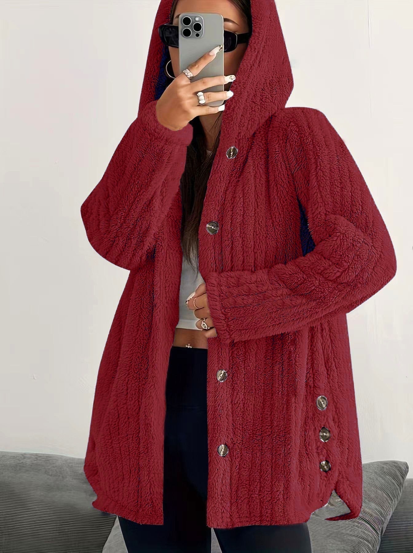KROHN-E Damen Kapuzen-Cardigan Lange Ärmel Vordertaschen Winter