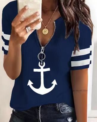 Damen maritim inspirierter Kurzarm Pullover mit Reißverschluss und Anker-Motiv Krohn-e