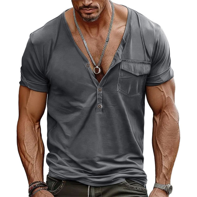 Herren Kurzarm-Henley-T-Shirt mit dekorativer Brusttasche und modernem Schnitt Krohn-e
