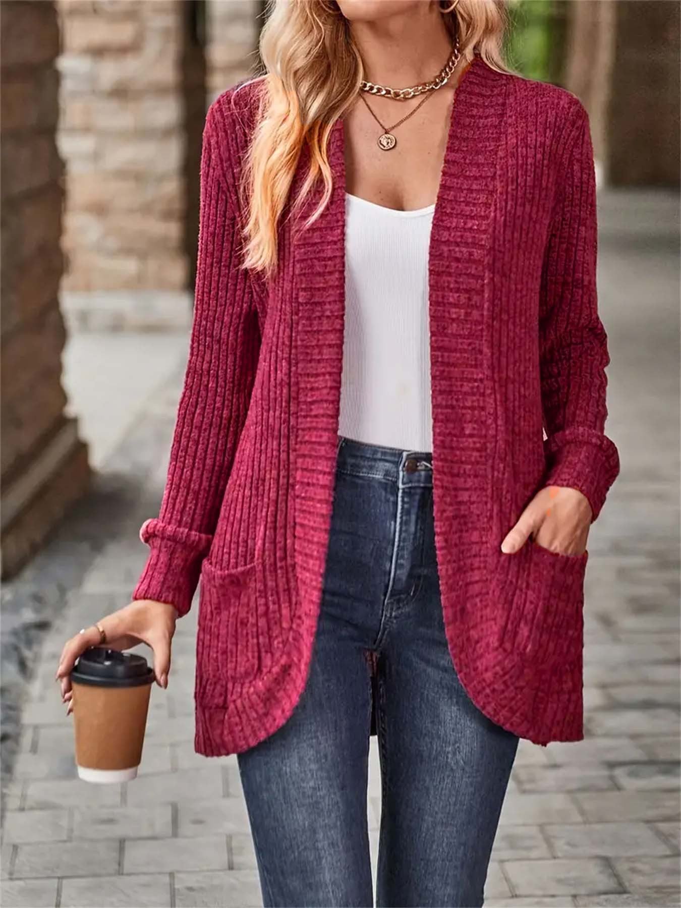 Damen offene Strickjacke mit strukturierter Oberfläche und praktischen Taschen Krohn-e