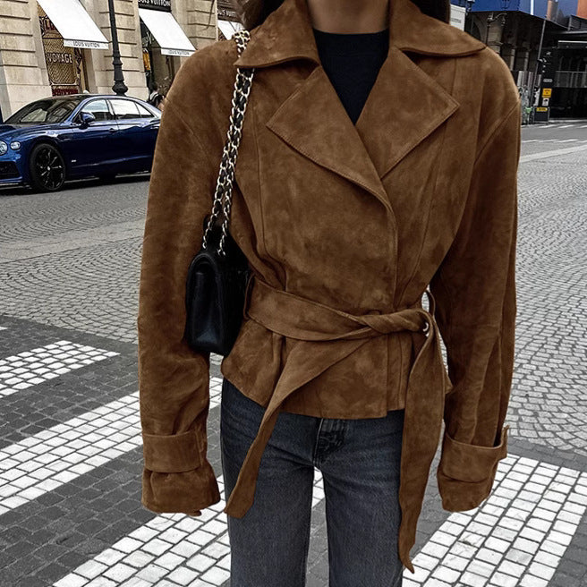 Damen Modische Wildlederjacke mit Gürtel und tailliertem Schnitt Krohn-e