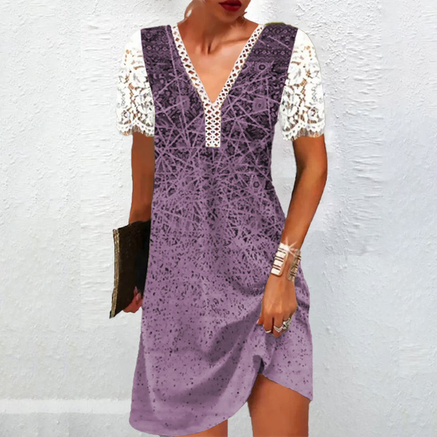 Raffiniertes bedrucktes Spitzenkleid mit V-Ausschnitt und Ärmeln von Fudus