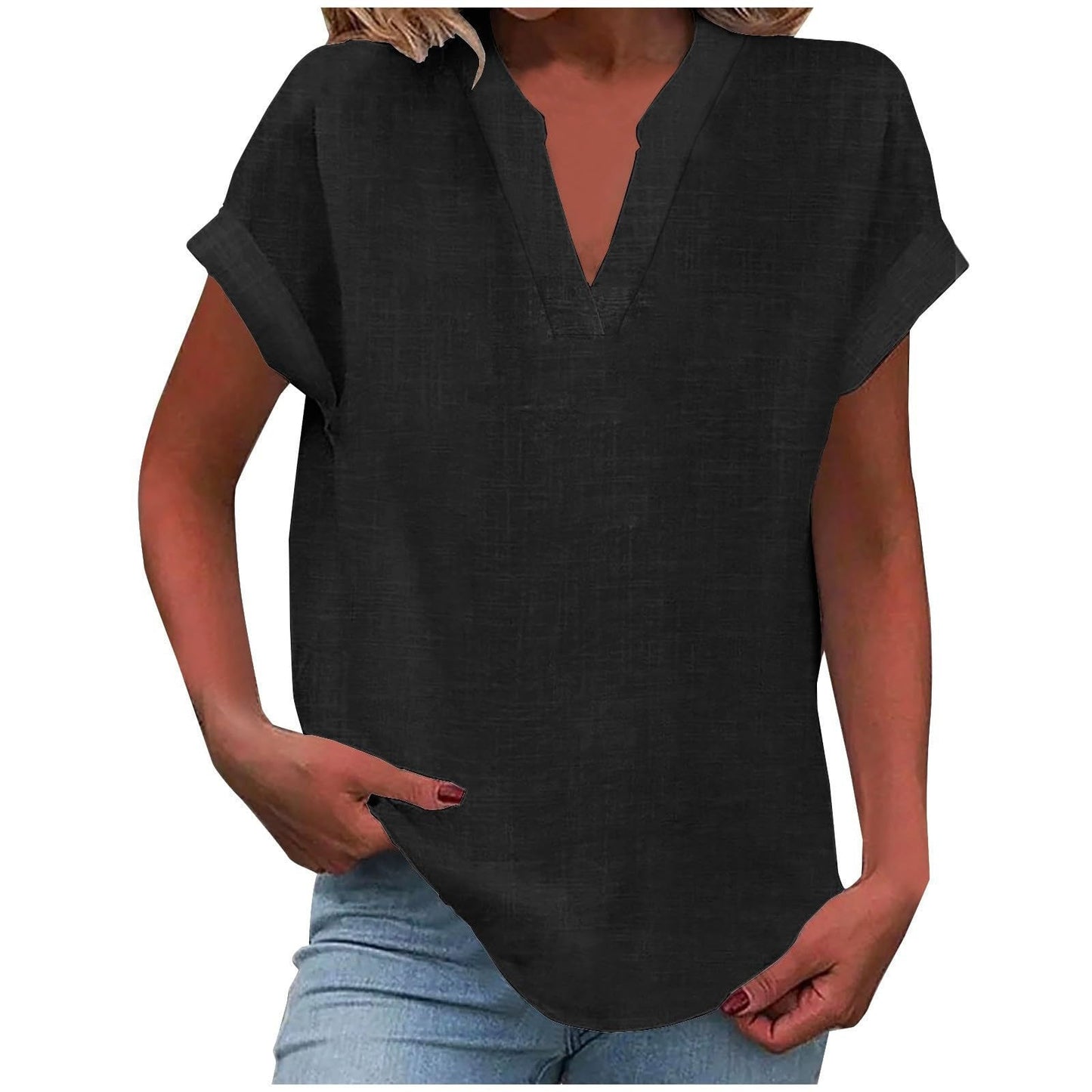 KROHN-E Damen V-Ausschnitt Bluse Relaxed Fit Leichter Stoff Weiß