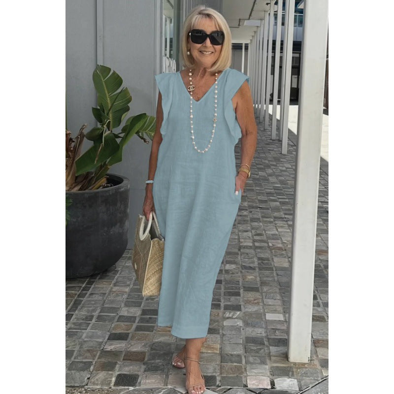 Elegant Fudus Cotton-Linen Dress with Flutter Sleeves and Back Tie